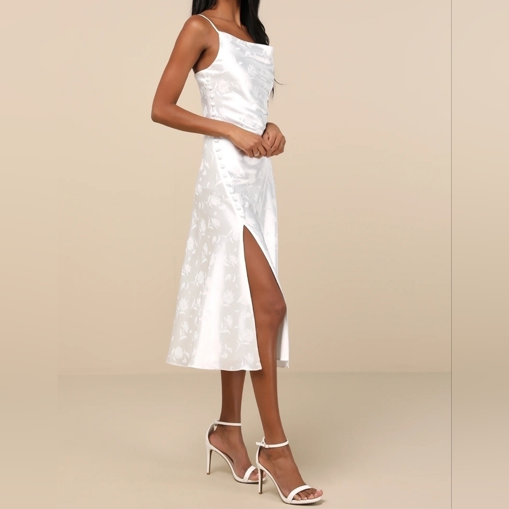 Lulus All About You White Floral Jacquard Satin Sleeveless Cowl-Neck Midi, L